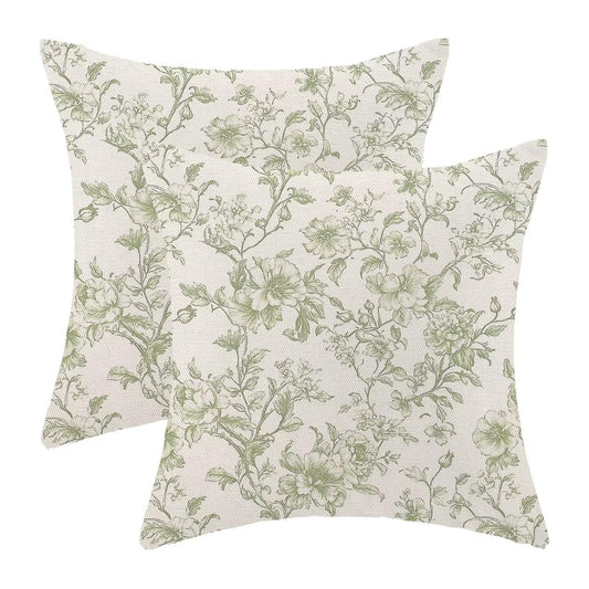 Chinoiserie Sage Green Floral Pillow Covers 18x18 Inch Set of 2, Neutral Seasonal Print Outdoor Decorative Spring Flower Throw Pillows Rustic Flower Couch Cushion Case for Chair Sofa Bedroom