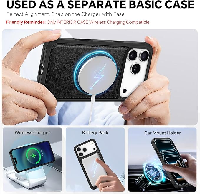 TUCCH Detachable Case Wallet for iPhone 17 Pro Max (6.9") 2025, Removable Wrist Strap, Wireless Charging, Stand, 4 Card Slots RFID Blocking, 2-in-1 Magnetic, PU Leather Flip Cover, Textured Black