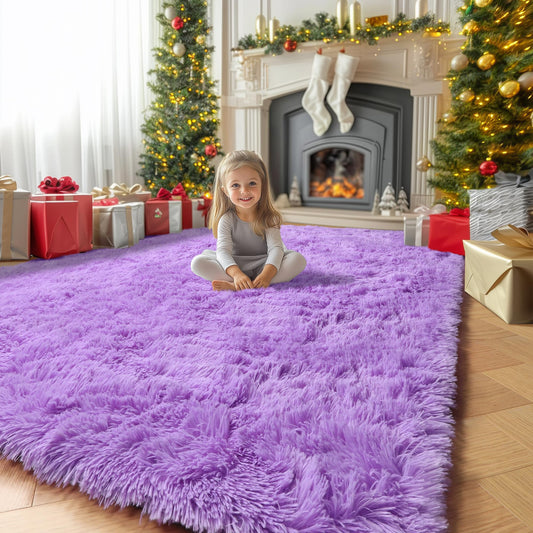 Purple Rugs for Bedroom Girls Room Decor Aesthetic, Cute Fluffy Shag Lavender Area Rug 4x6 for Living Room Dorm Classroom Nursery, Furry Plush Fuzzy Soft Throw Lilac Carpet for Kids, Baby, Teen