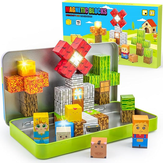 Aywewii Magnetic Blocks 45 PCS Travel Toys for Kids Ages 3-5, Toddler Magnetic Building Cubes STEM Learning Set with Iron Case - Portable Building Toys Gift for Boys and Girls (Farm Edition 1)
