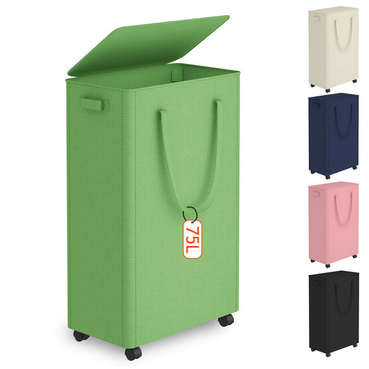 Slim Laundry Hamper with Wheels,20 Gal (75L) Rolling Laundry Basket with lid and wheels Clothes Hamper Foldable Tall Dirty Clothes Basket Sturdy Collapsible Clothes Hamper for Dorm,Laundry Room