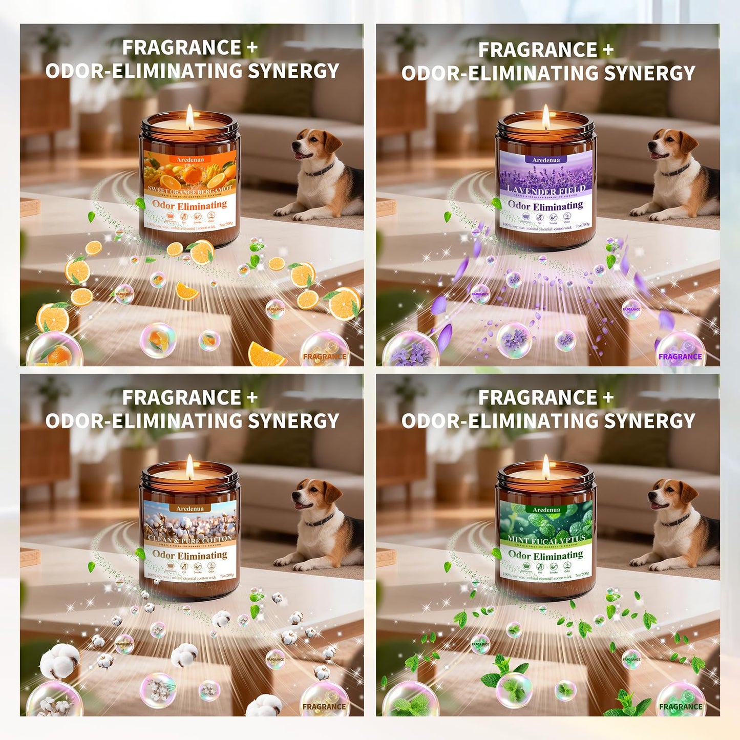 4 Pack Odor Eliminating Candles Set - Eliminates 95% of Pet, Smoke, Food, and Other Smells Quickly - Air Freshing Scent of Lavender/Orange/Mint/Cotton - 28oz Soy Candles for Home Scented, 200 Hours