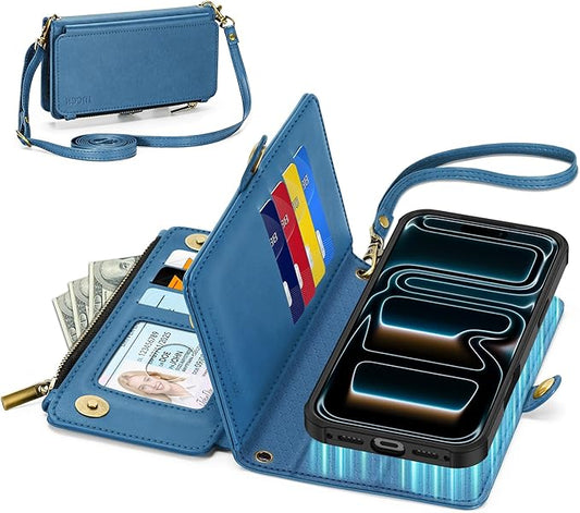 TUCCH Removable Crossbody Case Wallet for iPhone 17 Pro Max 6.9" 2025, Wireless Charging, RFID Blocking 10 Card Slots, Lanyard, Wrist Strap, Zipper Pocket, PU Leather, Stand Magnetic Cover, Light Blue