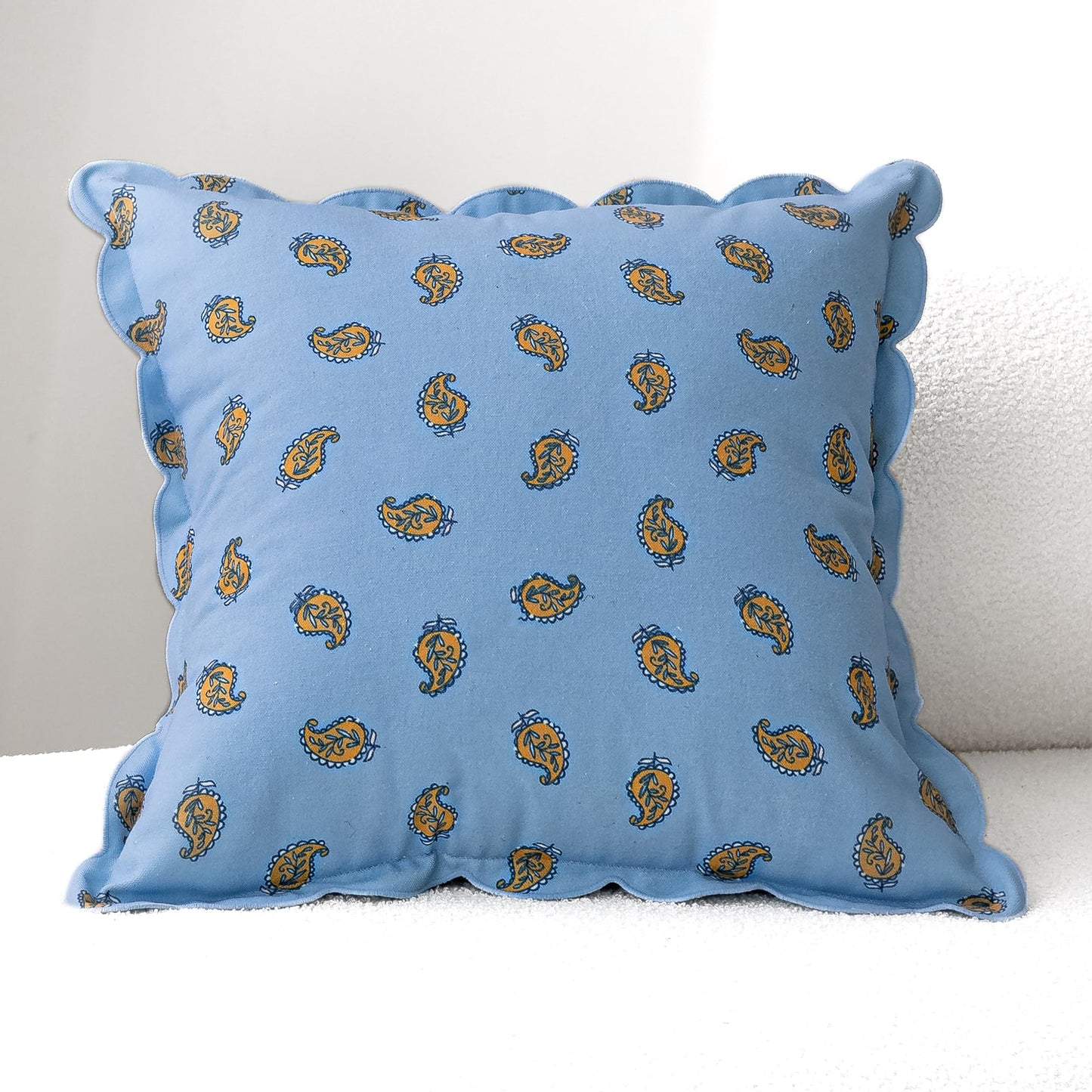 DrapePalette - Scalloped Throw Pillow Covers with Block Print Floral Patterns and Hidden Zipper - Blue Paisley, 20 x 20 Inches Pack of 1 - Soft Indoor Pillow Case for Livingroom, Bedroom, or Lounge