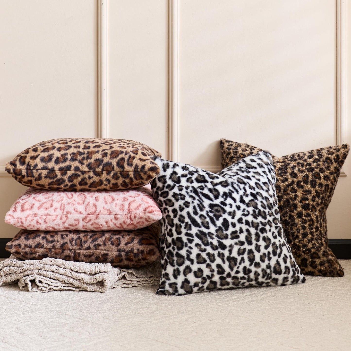 KINDREX Leopard Print Faux Fur Pillow Covers 18x18 Set of 2, Cloud-Like Soft & Fluffy Cheetah Cushion Cases, Eye-Catching Decor for Living Room Sofa Bedroom Decor, White