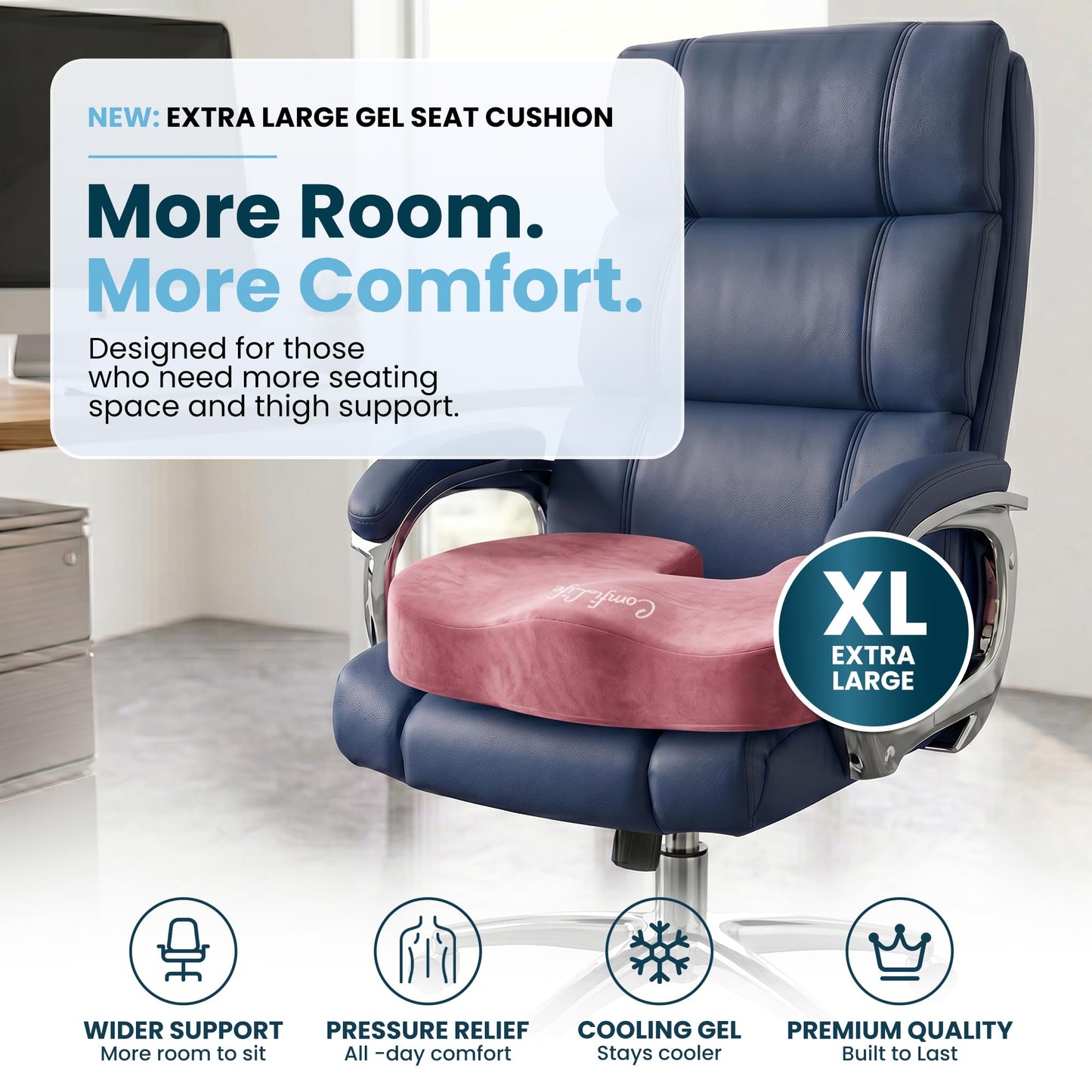 ComfiLife Extra Large Gel & Memory Foam Seat Cushion - Doctor Recommended Office Chair Cushion, Car Seat Cushion - Back & Sciatica Pain Relief - Wide Seat Cushion for Big & Tall (Pink)