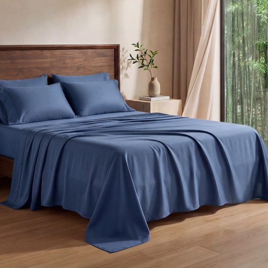 Genuine 100% Viscose Derived from Bamboo Sheets Queen Size, Natural Cooling for Hot Sleepers Breathable Luxuriously Soft Cool Silky Sheet Set with 15" Deep Pocket Fitted, 4 Piece (Queen, Navy Blue)