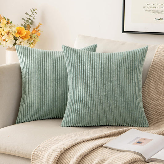 MIULEE Decorative Corduroy Pillow Covers Soft Solid Pack of 2 Cushion Cases Boho Square Throw Pillow Covers Greyish Green Pillowcases for Couch Chair Sofa Bed Living Room Home Decor 18 x 18 Inch