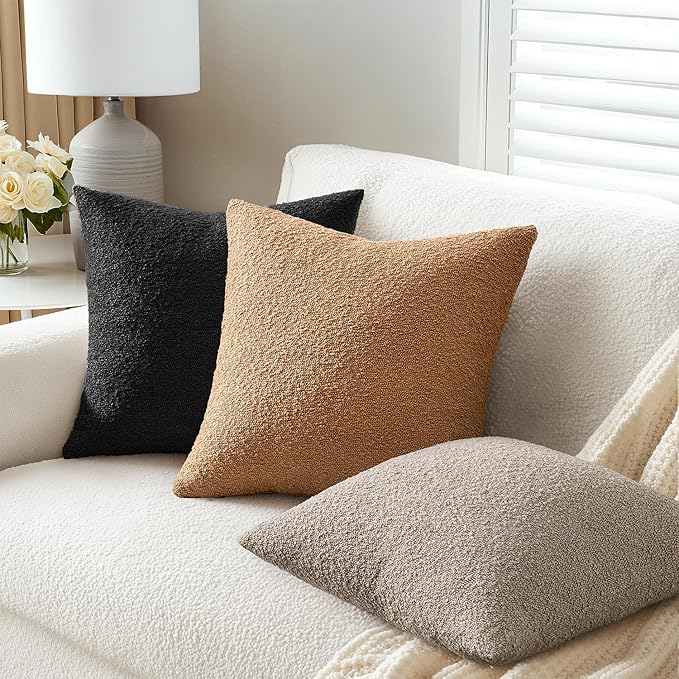 ANRODUO Pack of 2 Textured Boucle Throw Pillow Covers Soft Black Euro Decorative Accent Solid Pillow Cases Cozy Modern Couch Cushion Case for Chair Sofa Bedroom Living Room Home Decor, 22 x 22 Inch