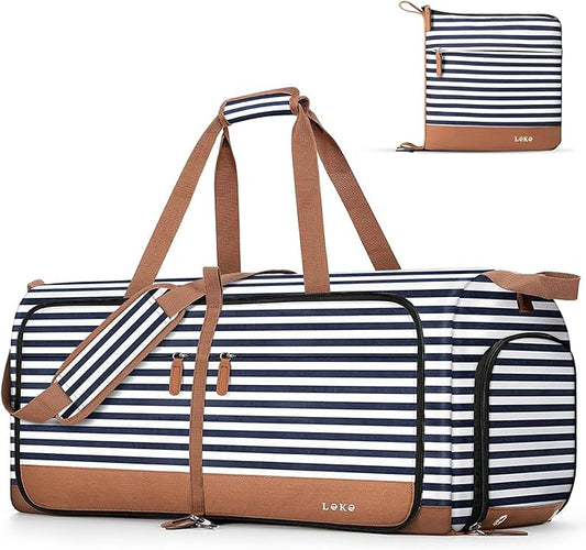 Lekesky Foldable Travel Duffle Bag for Women, 100L Large Duffel Bag with Separate Shoes Compartments & Straps, Carry On Weekend Bag for Women, Hospital, Overnight (Blue Stripes)