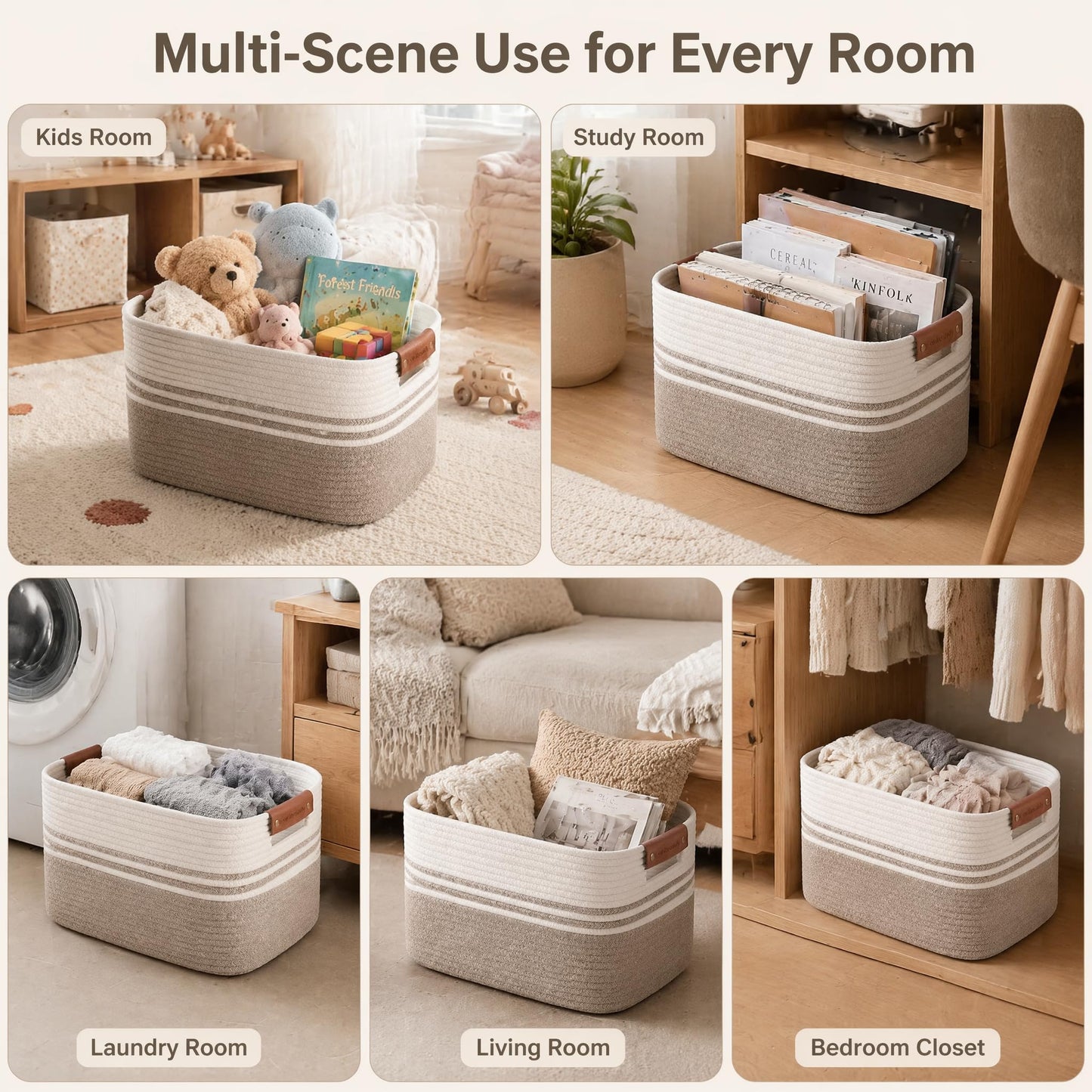 Cotton Rope Laundry Basket Medium, 15.4GAL Collapsible Woven Storage Baskets for Living Room Kids Toys Stuffed Animal,Boho Rectangular Decorative Short Hamper for Dirty Clothes, Blankets White Brown