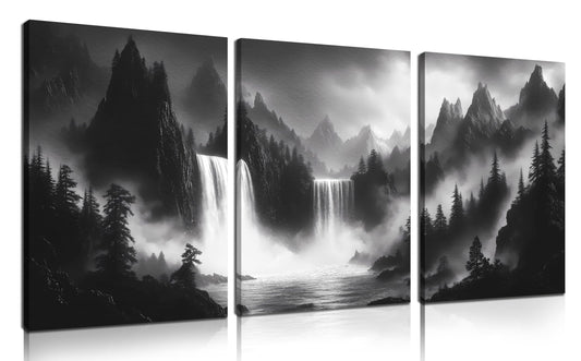 CIRABKY Foggy Forest Wall Art for Living Room - Mountains Canvas Wall Art for Office - Black and White 3 Piece Wall Decor Size 12" x 16"