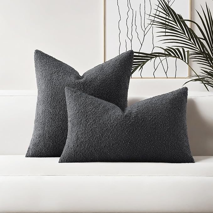 HAUSSY Set of 2 26x26 Decorative Throw Pillow Covers, Soft Cozy Euro Pillow Shams Textured Boucle, Home Decor for Couch Bed Living Room, Dark Grey