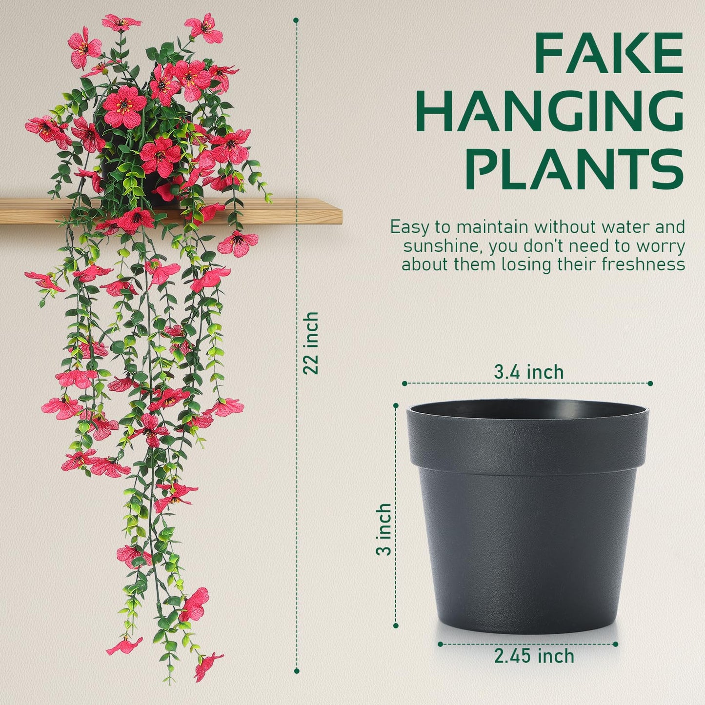 FAVOWREATH Fake Plants Hanging Artificial Potted Faux Eucalyptus Plants and Flowers for Modern Boho Farmhouse Bathroom Office Desk Wall Book Shelf Living Room Aesthetic Decor Indoor (Rose Red)