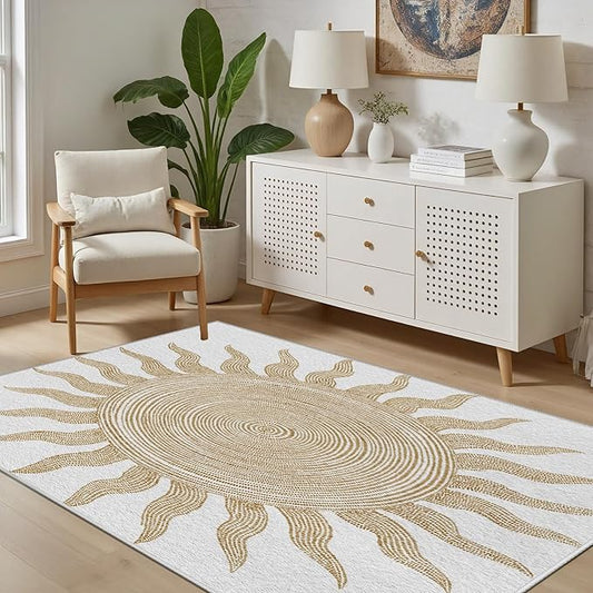Boho Washable Rugs for Bedroom 2x3, Modern Sun Print Soft Minimalism Area Rug, Non Slip Low Pile Abstract Carpet for Classroom Living Room Decor Dining Room Sofa Kids Nursery Room, Beige Yellow