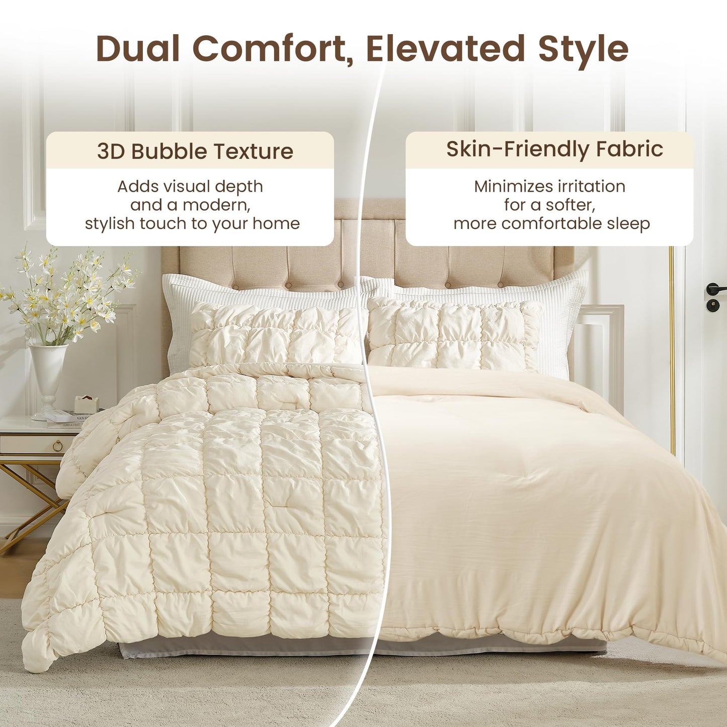Amélie Home Luxury Queen Comforter Set, Bubble Textured Microfiber Bedding, Oeko-TEX Certified, All-Season Farmhouse Comforter with 2 Pillowcases, Beige