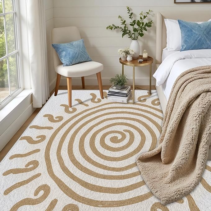 Boho Washable Rugs for Bedroom 4x5, Modern Sun Print Soft Minimalism Area Rug, Non Slip Low Pile Abstract Carpet for Classroom Living Room Decor Dining Room, Beige Yellow