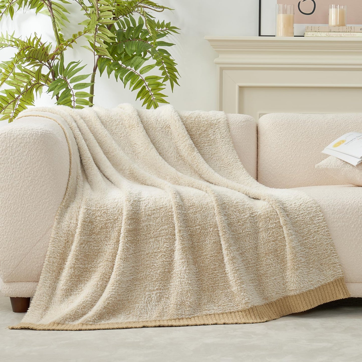 Amélie Home Knit Throw Blanket for Couch, Super Soft Fuzzy Cozy Throw, Giftable Knitted Blanket for Women Men, Birthday, Sofa Bed Living Room Decor, 50" x 60", Heather Beige
