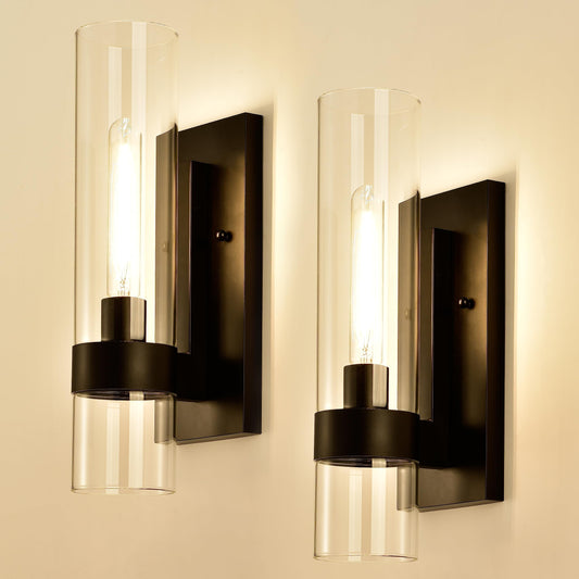 Hyperion house Indoor Wall Sconces Set of Two, Modern Black Bathroom Sconces Wall Decor with Cylinder Glass, Wall Lamps for Bedroom Hallway Vanity Kitchen Lighting Fixtures Set of 2