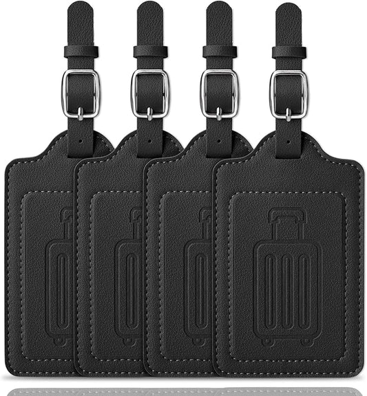 Teskyer Luggage Tags for Suitcases, TSA Approved with Privacy Protection Cover, Premium Faux Leather Bag Tags for Travel - 4 Pack, Black