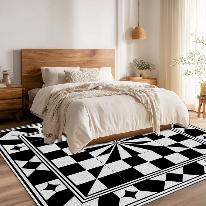Black and White Checkered Rug, Checkered Rug, Modern Geometric Pattern Carpet, Retro Machine Washable Non Slip Area Rugs, Contemporary Rugs for Living Room/Bedroom 4x5