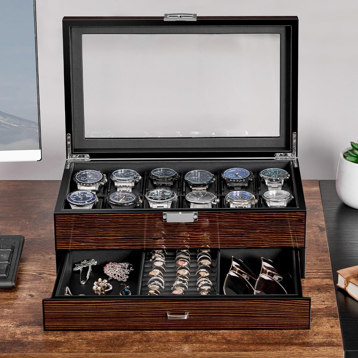 BEWISHOME Watch Box 12-Slot, Watch Case with Large Glass Lid