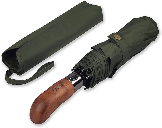 Balios Prestige Travel Folding Umbrella, Handmade Wood Handle, Auto Open & Close