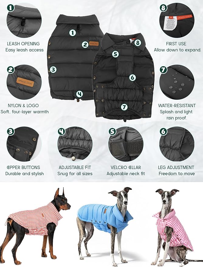 SPACE LION Dog Puffer Jacket, Down Winter Coat, Durable Outdoor Coat for Cold and Windy Conditions, Lightweight & Adjustable Fit Coats for Large Dogs, (Onyx Black, Size22/XL+)