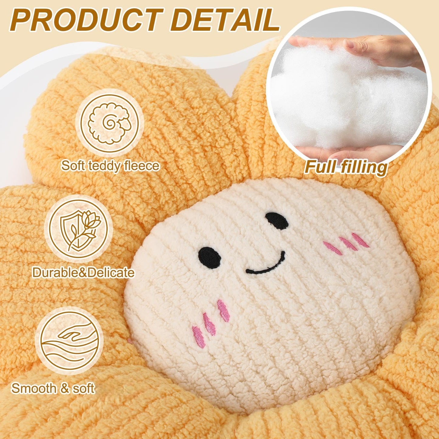 Chicmount 2 Pcs Smile Face Flower Pillows 15" Yellow Flower Throw Pillows Decorative Daisy Floor Seating Cushion Aesthetic Cute Seat Cushion for Bed Sofa Couch Home Decor Bedroom Living Room Chair