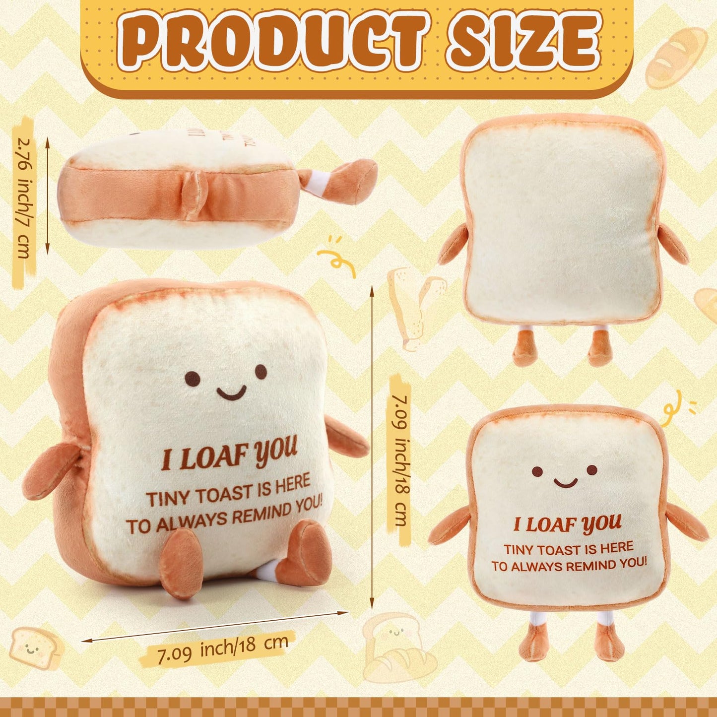 Capoda 7.09" Large Toast Bread Plush Bread Shape Cute Pillow Small Food Sofa Stuffed Doll Toy Gifts for Adults Birthday Gift Home Bedroom Decors(I Loaf You)
