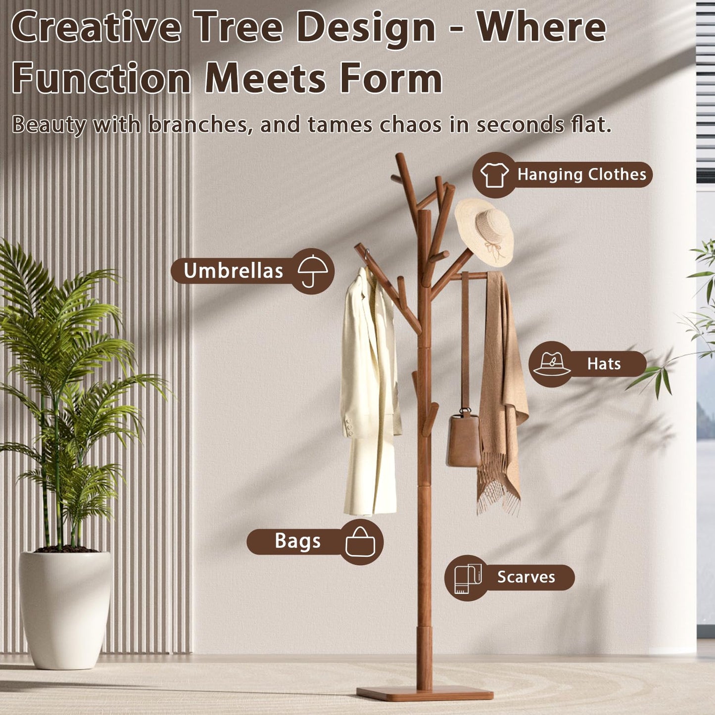 Olpchee Solid Wood Coat Rack - Freestanding Coat Hat Rack Stand with 14 Hooks, Clothes Rack Heavy Duty Space Saving Entryway Coat Tree Hanger Rack for Coats Jackets Hats Bags, Adjustable Height