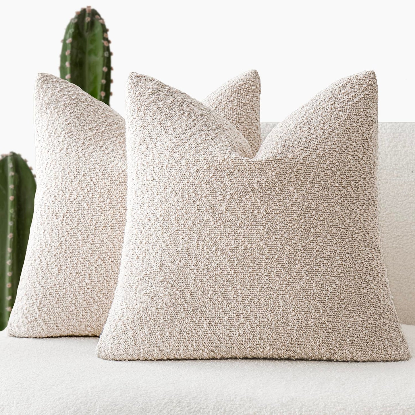Foindtower Pack of 2 Textured Boucle Throw Pillow Covers Accent Solid Pillow Cases Cozy Soft Decorative Couch Cushion Case for Chair Sofa Bedroom Living Room Home Decor, 18 x 18 Inch,Neutral Ivory