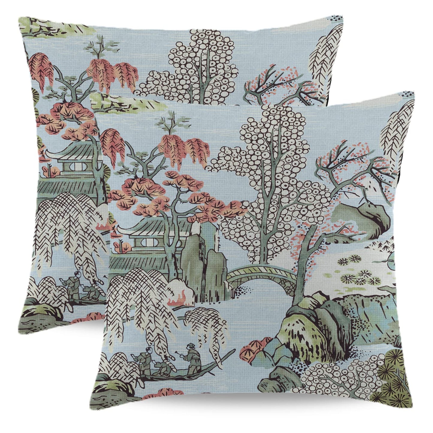 Wsunsal Chinoiserie Pillow Cover 22x22 Inch Set of 2, Asian Scenic Coral Green Blue Throw Pillows Farmhouse Chinoiserie Decorative Pillowcase Linen Cushion Cover for Home Sofa Bedroom Outdoor