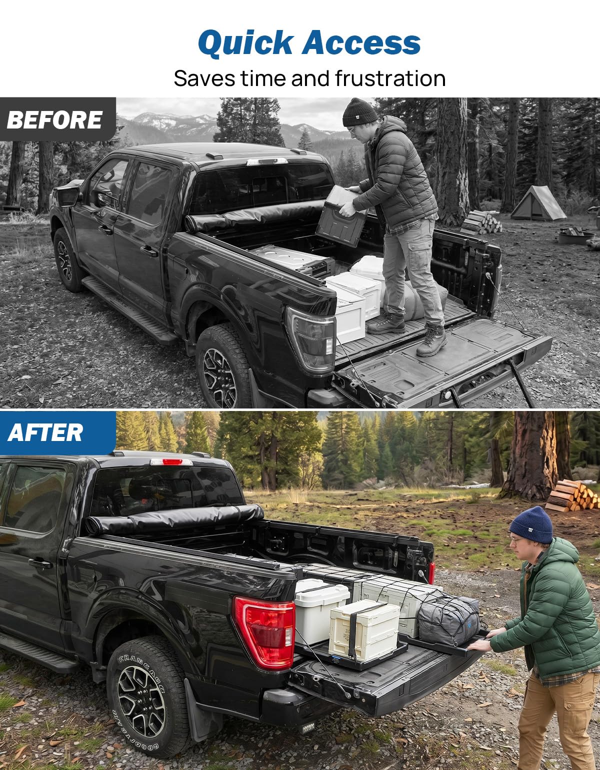 JOYTUTUS Adjustable Slide-Out Truck Bed Cargo Tray Compatible with Ford Silverado Ram GMC Sierra Gladiator Toyota Tacoma, HDPE Heavy-Duty Cargo Storage Tray, 350 LBS Load Capacity