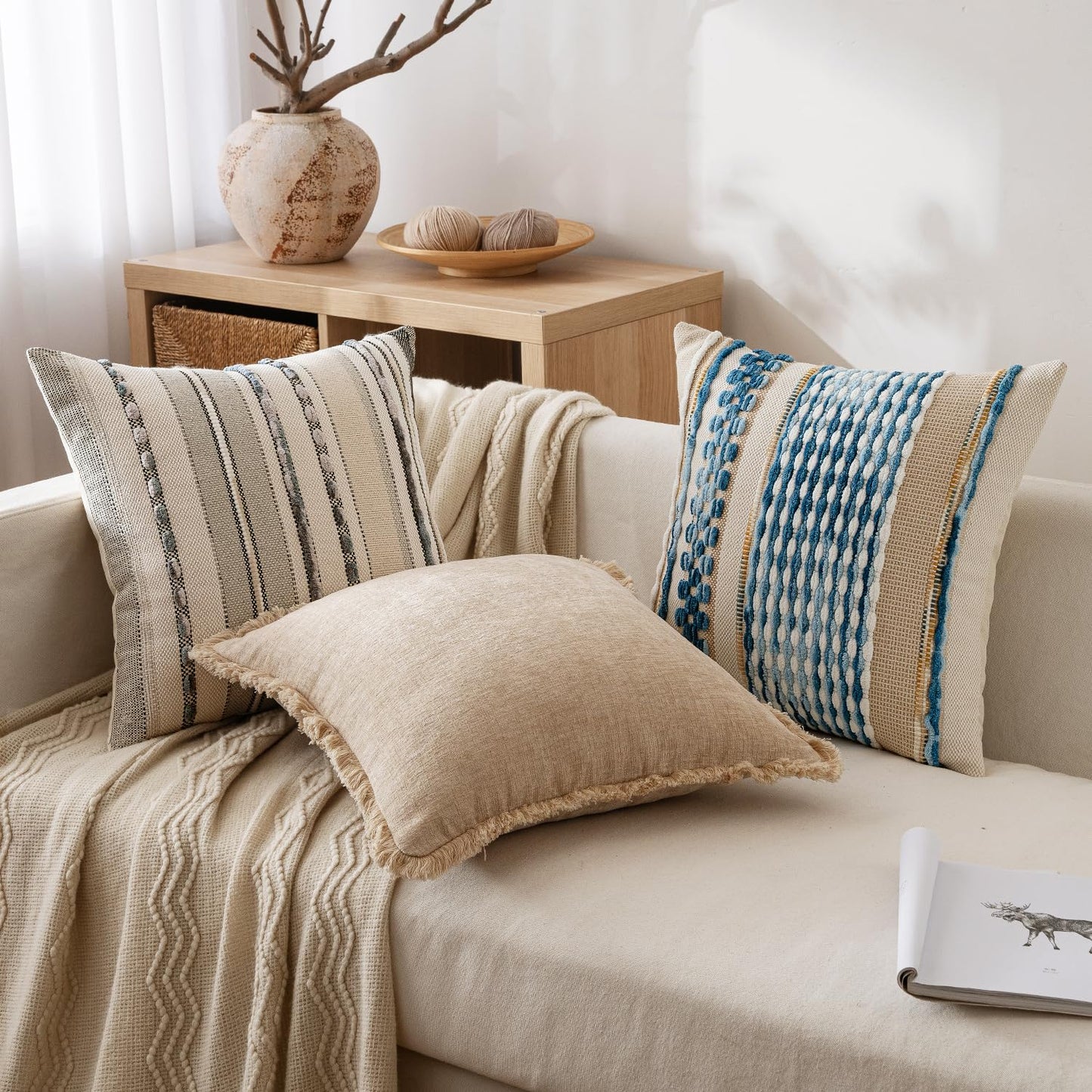 ANRODUO Pack of 2 Boho Decorative Throw Pillow Covers 18x18 Farmhouse Cushion Case Striped Chenille Pillow Cases Coastal Throw Pillows Accent Neutral Pillowcase for Sofa Couch Bed, Sky Blue Stripe