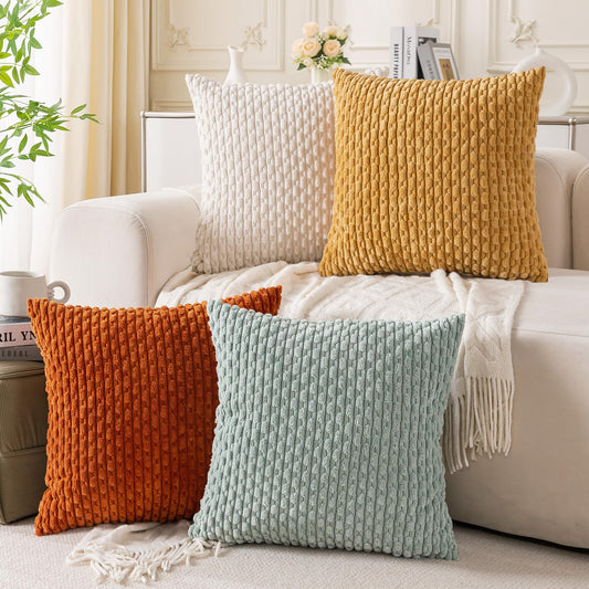 Cozoomy Set of 4 Yellow Rust Aqua Decorative Throw Pillow Covers 20x20 Inch Corduroy Pillow Covers for Bed Couch Sofa Living Room Soft Square Cushion Cases