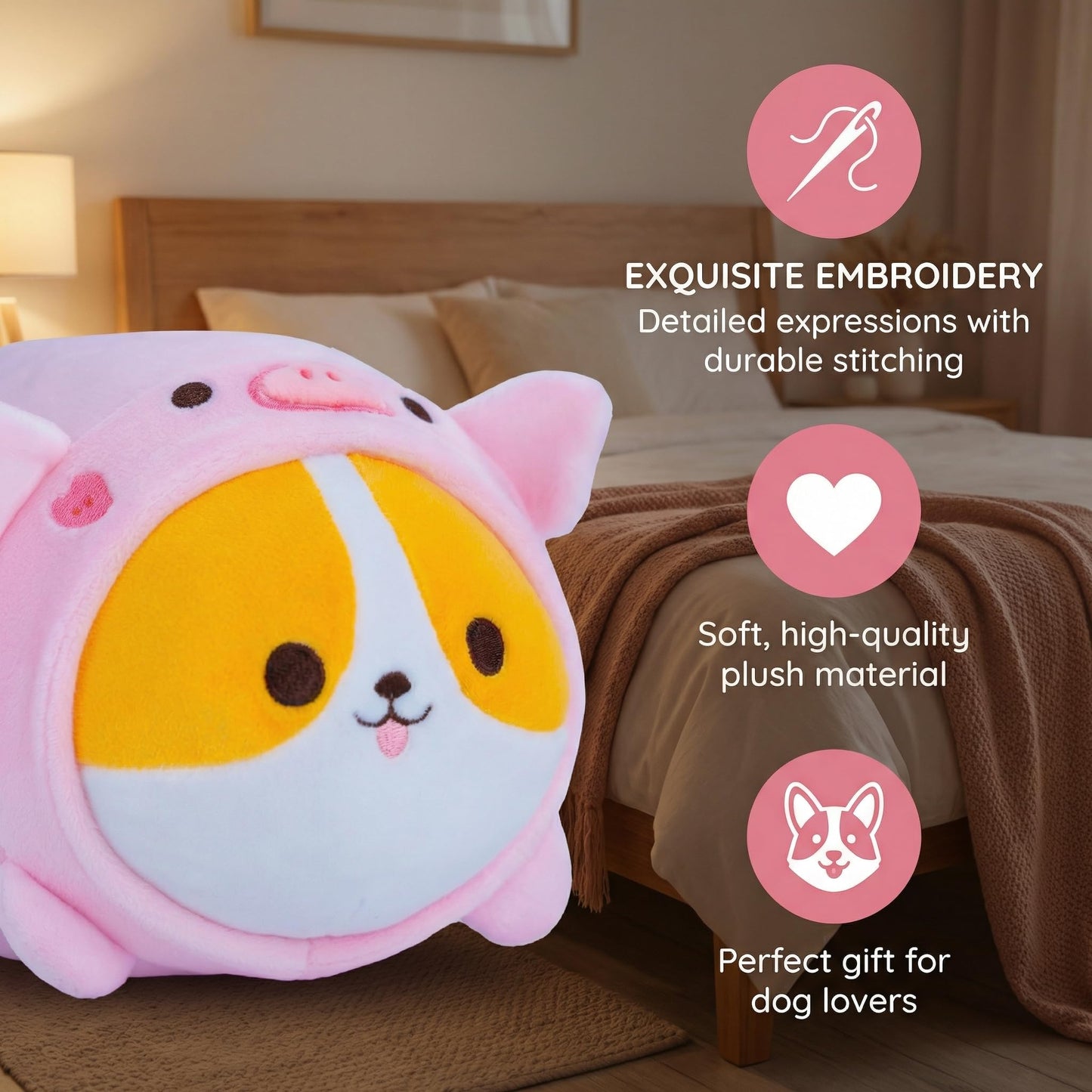 AIXINI 5 in 1 Plush Pillow Toys Set - Pink Salamander, Keji Pig, Bee, Strawberry, Panda, Cute Stuffed Animals Pillows for Kids, Soft Cartoon Bedroom Decor Gifts (Keji Pig, Medium Size)