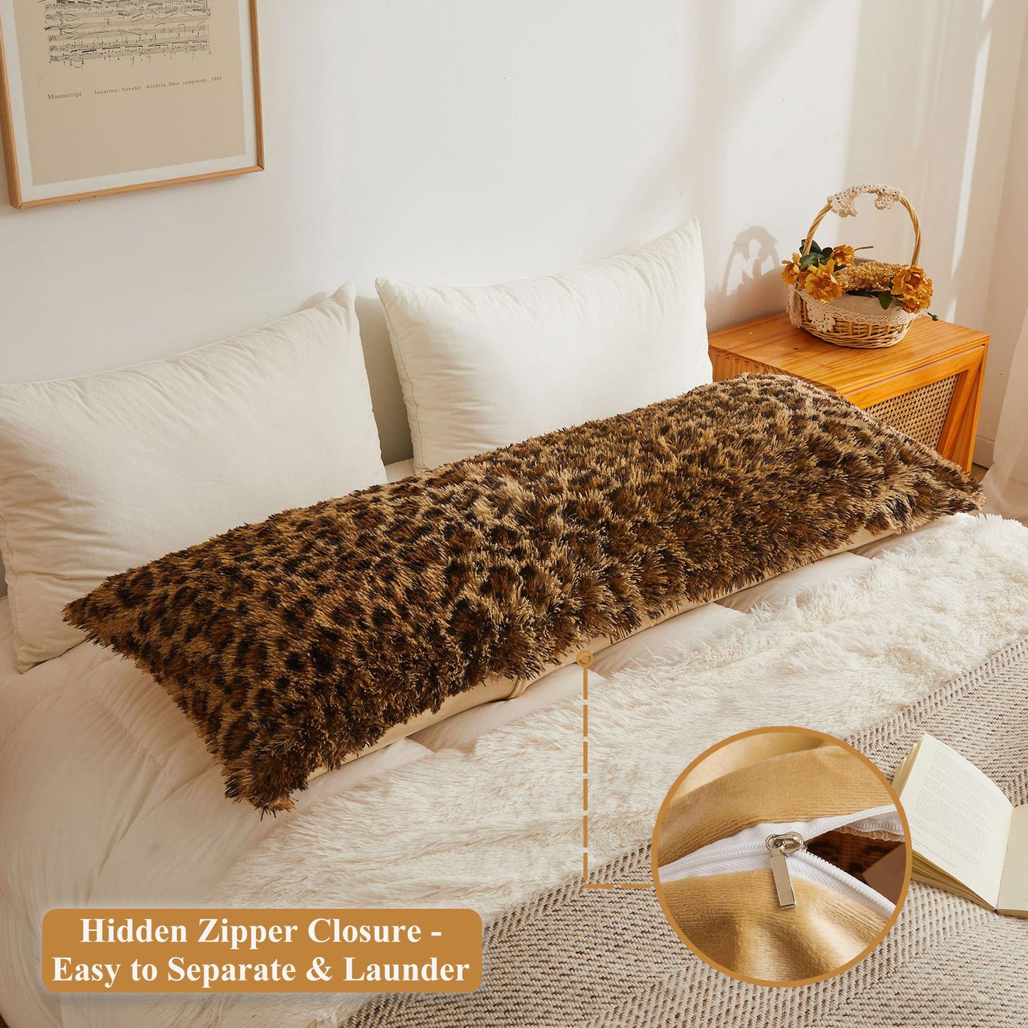XeGe 20x54 Fluffy Leopard Print Body Pillow Cover, Cheetah Print Plush Fuzzy Faux Fur Body Pillowcase with Zipper, Farmhouse Shaggy Furry Long Pillow Cover for Pregnant Women Side Sleeper, Brown