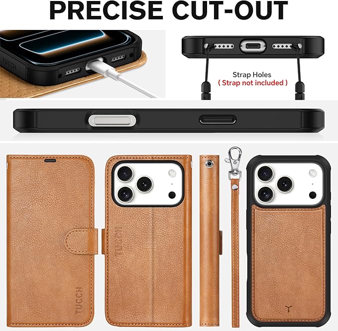 TUCCH Detachable Case Wallet for iPhone 17 Pro (6.3") 2025, Wrist Strap | 4 Card Slots RFID Blocking | Wireless Charging | Stand | 2-in-1 Magnetic | PU Leather | Shockproof Folio Cover | Light Brown