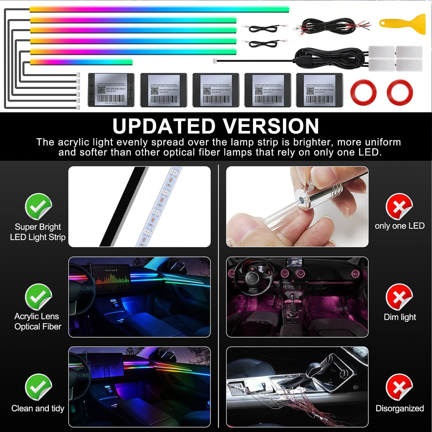 Dreamcolor Acrylic Interior Car LED Strip Light with Wireless APP, RGB 10 in 1 with 175 inches 593 Neon Car Ambient Lighting Kits, Dynamic Chasing Music Sync LEDs Fiber Optic Strip Lights for Car
