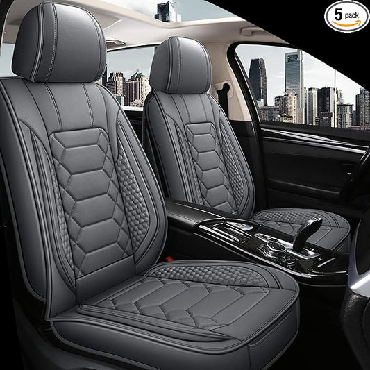 HAIYAOTIMES Leather Car Seat Covers Full Set, Waterproof Faux Leather Seat Covers for Cars, Non-Slip Car Interior Covers Universal Fit for Most Cars Sedans Trucks SUVs, Gray