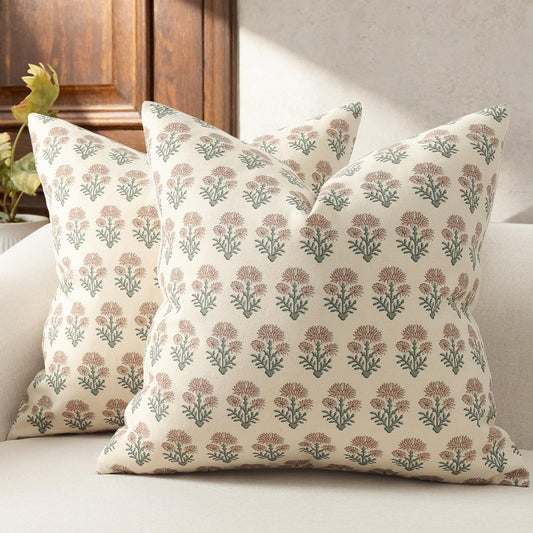 DKwizme Farmhouse Floral Pillow Covers 20x20 Set of 2, Country Botanical Throw Pillow Cover for Sofa Couch Bed Living Room, Rustic Vintage Flower Cushion Covers Cottage Home Decor,Blush Sage
