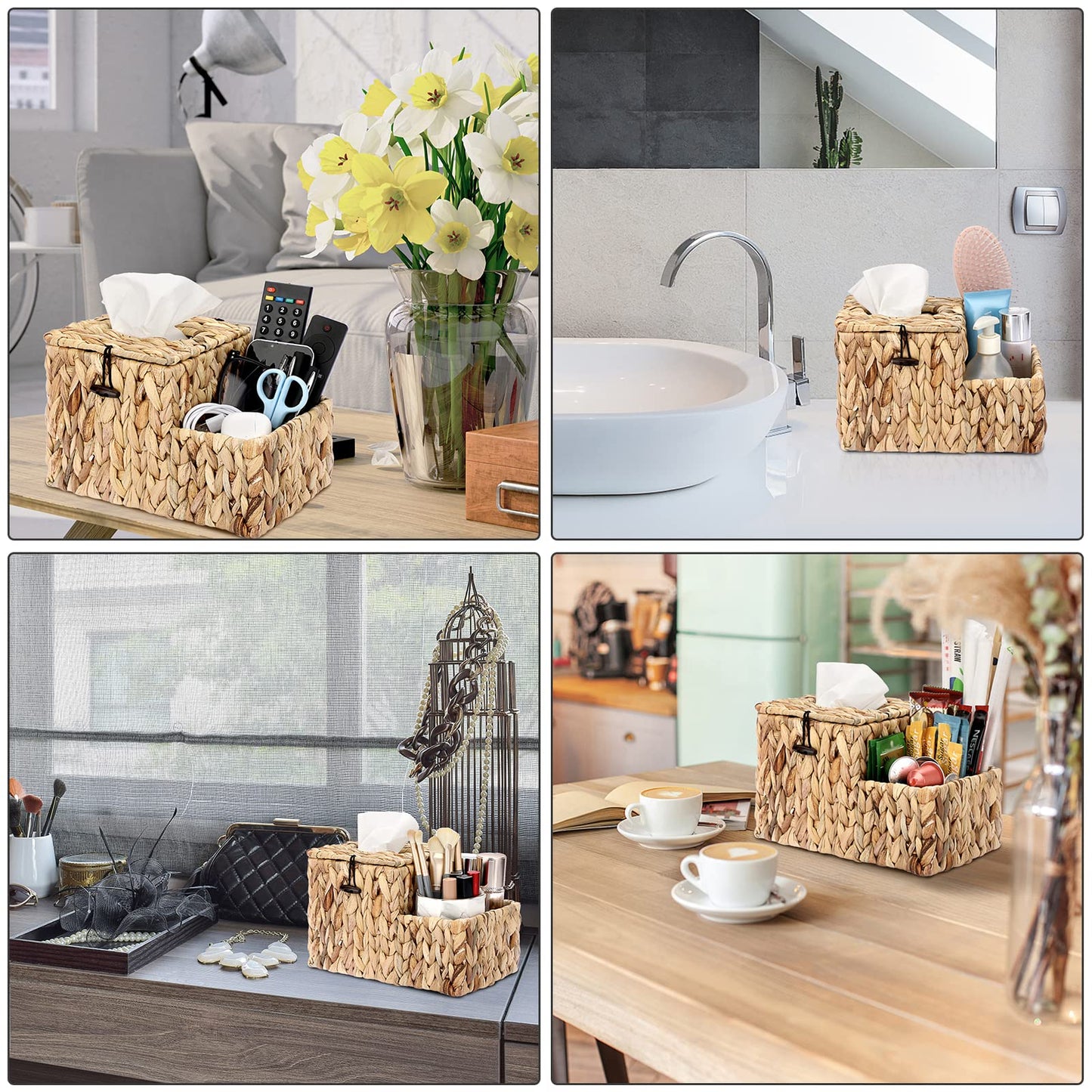 Sumnacon Square Woven Tissue Box Cover - Decorative Cube Wicker Tissue Box Holder with Side Organizer, Rustic Water Hyacinth Tissue Holder for Living Room Vanity Night Stand Table Countertop Office