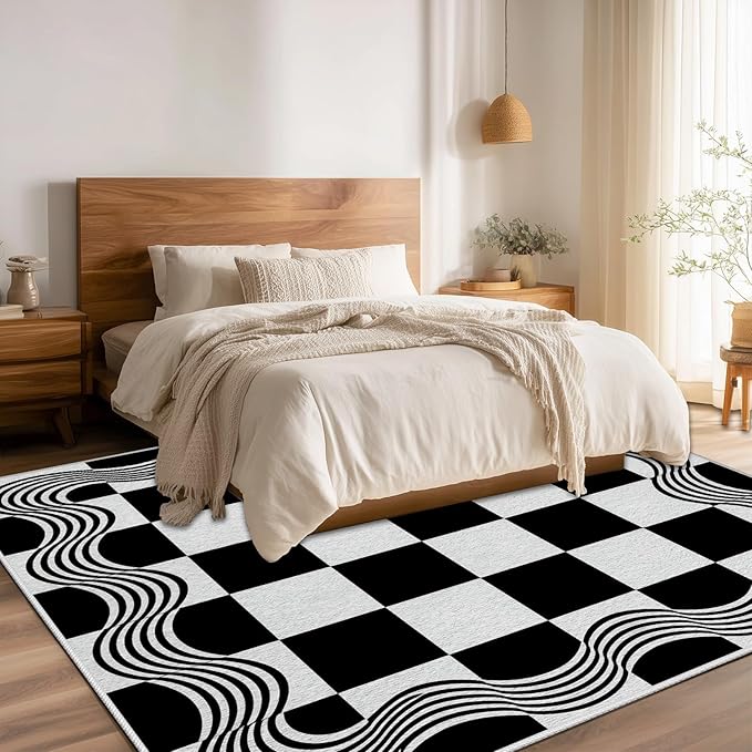 Checkered Rug 5x7, Checkerboard Rug, Geometric Plaid Washable Rugs, Modern Checkered Area Rugs, Wavy Line Carpet Non Slip for Bedroom Retro Home Decor Mat