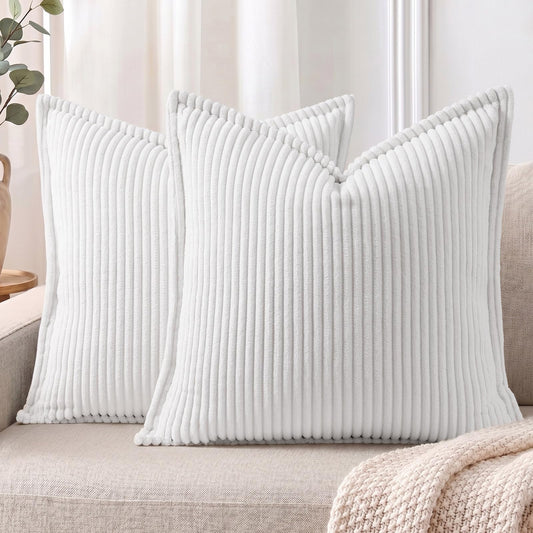 Mecatny Corduroy Throw Pillow Covers 24x24 Set of 2, Neutral Decorative Soft Boho Couch Pillow Covers with Broadside for Sofa Living Room, White
