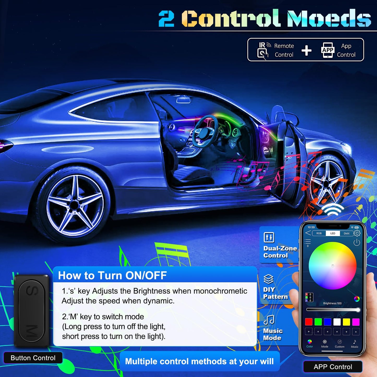 Dreamcolor Acrylic Interior Car LED Strip Light with Wireless APP, Dual Zone RGB 18 in 1 with 175 inches 593 LEDs Fiber Optic Neon Strip Lights for Car, Music Sync Neon Car Ambient Lighting Kits