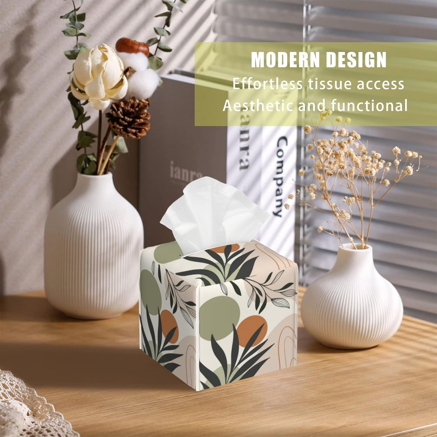BLYKVGHQ Boho Geometric Art Square Tissue Box Cover Abstract Leaves Tissue Box Holder Facial Cube Paper Dispenser Leather Decorative Organizer Home Office Desk Decor, 5.2"x5.2"x5.2"