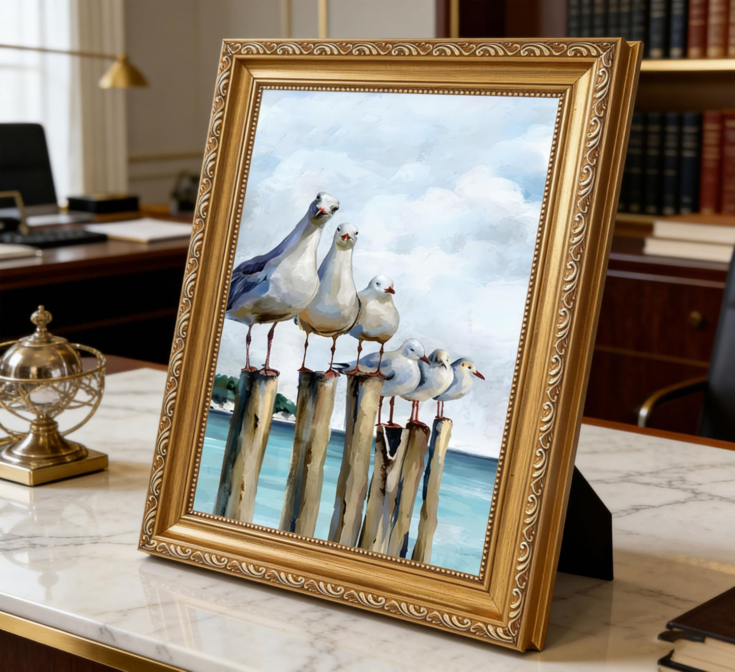 Gold Framed Seagull Canvas Wall Art Coastal Sea Birds Paintings Pictures Wall Decor Teal Ocean Beach posters prints Artwork for Living Room Bedroom Bathroom Home Decoration 9x11in