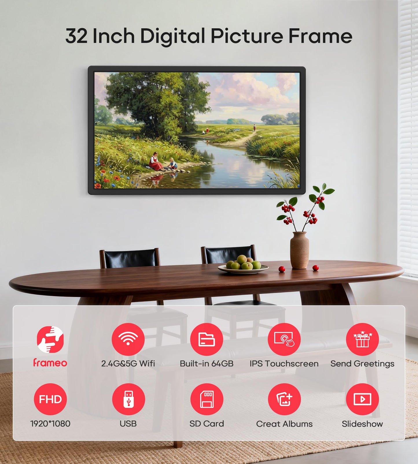 Frameo 32" Extra Large Digital Picture Frame WiFi 64GB, 1920 x 1080 FHD IPS Touch Screen Electronic Photo Frames, Wall Mounted, Auto-Rotate, Support USB and SD Card, Share Photos Videos Instantly