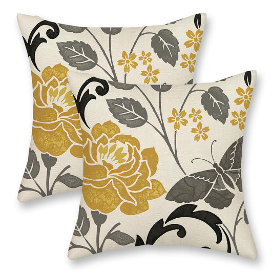 DAFENA Spring Pillow Covers 18x18 Inch 2 Pcs Mustard Yellow Vintage Floral Decor Throw Pillows Grey Butterfly Flower Leaves Seasonal Outdoor Decoration Pillowcase Linen Cushion Cover for Couch Sofa